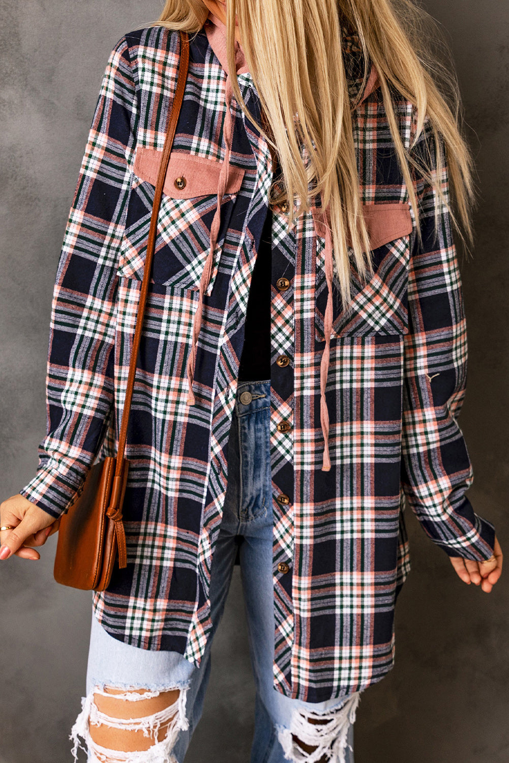 Pink Contrast Hooded Drawstring Plaid Shacket - Viraxa