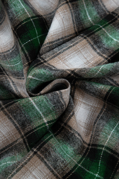 Green Plaid Print Chest Pocket Buttoned Hooded Shacket - Viraxa