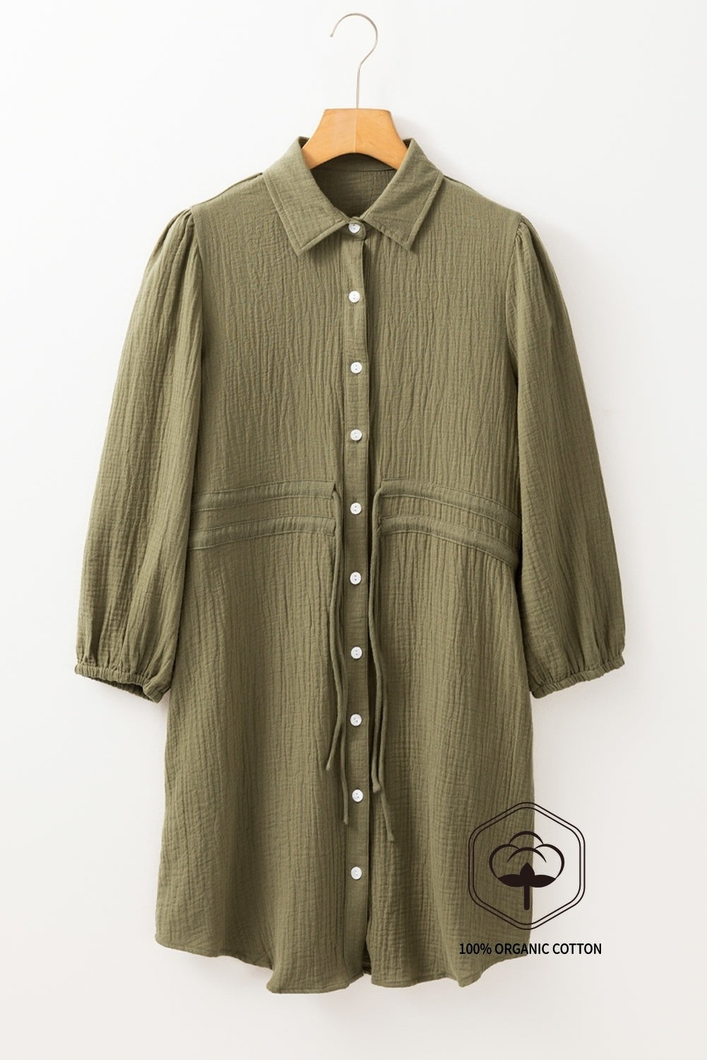 Jungle Green Textured Bracelet Sleeve Collared Button Up Dual Tied Mini Dress